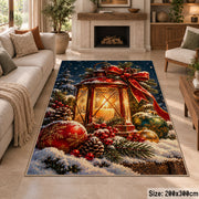 glowing lantern with red ribbon, pine branches and winter berries area rug, holiday room view 8