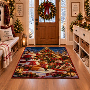 snowman and woodland animals decorating an outdoor Christmas tree area rug, holiday room view 1