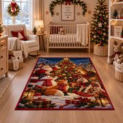 snowman and woodland animals decorating an outdoor Christmas tree area rug, holiday room view 10