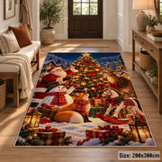 snowman and woodland animals decorating an outdoor Christmas tree area rug, holiday room view 2