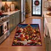 snowman and woodland animals decorating an outdoor Christmas tree area rug, holiday room view 3