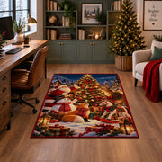 snowman and woodland animals decorating an outdoor Christmas tree area rug, holiday room view 4