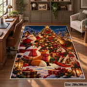 snowman and woodland animals decorating an outdoor Christmas tree area rug, holiday room view 5