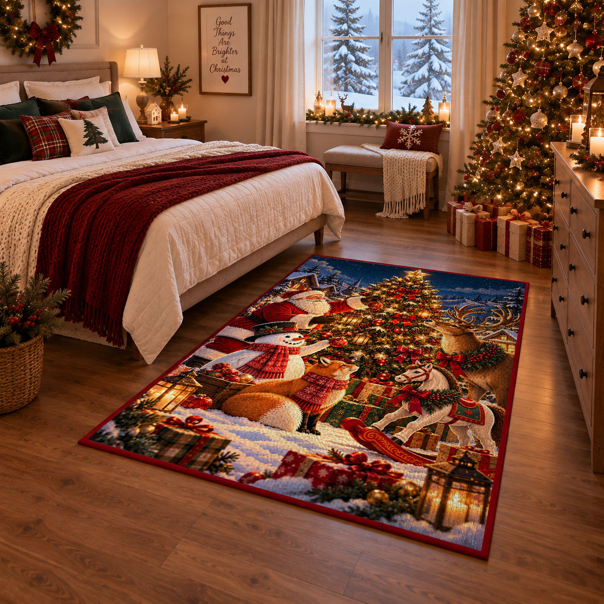 snowman and woodland animals decorating an outdoor Christmas tree area rug, holiday room view 6