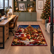 snowman and woodland animals decorating an outdoor Christmas tree area rug, holiday room view 7
