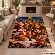 snowman and woodland animals decorating an outdoor Christmas tree area rug, holiday room view 8