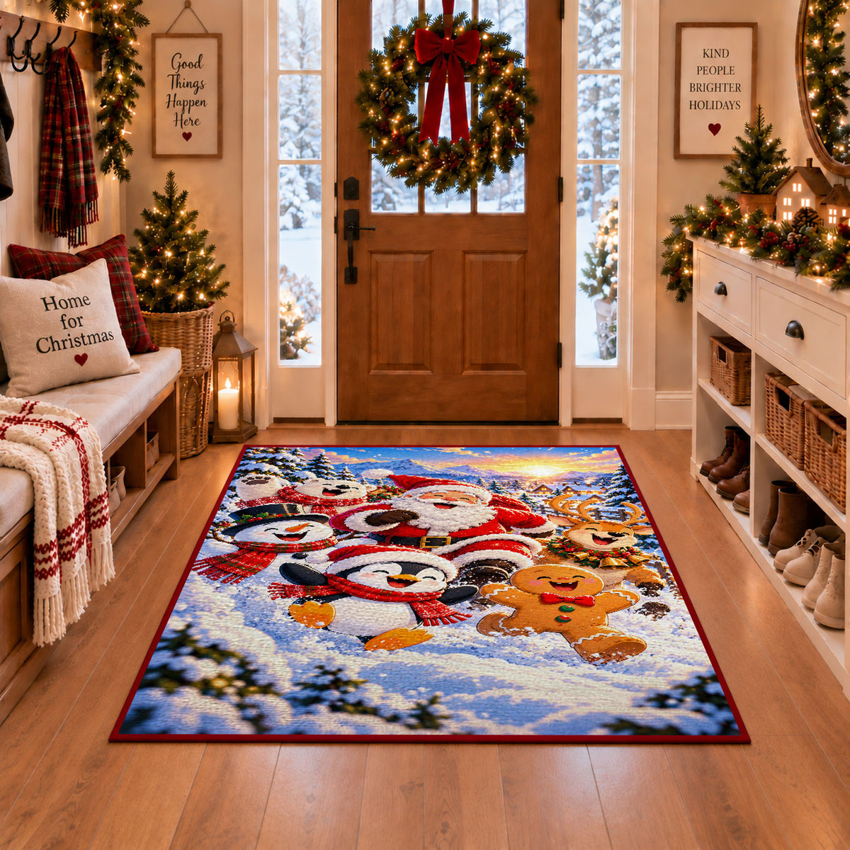 Santa, snowmen, penguin and gingerbread playing in snow area rug, holiday room view 1