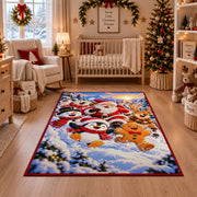 Santa, snowmen, penguin and gingerbread playing in snow area rug, holiday room view 10
