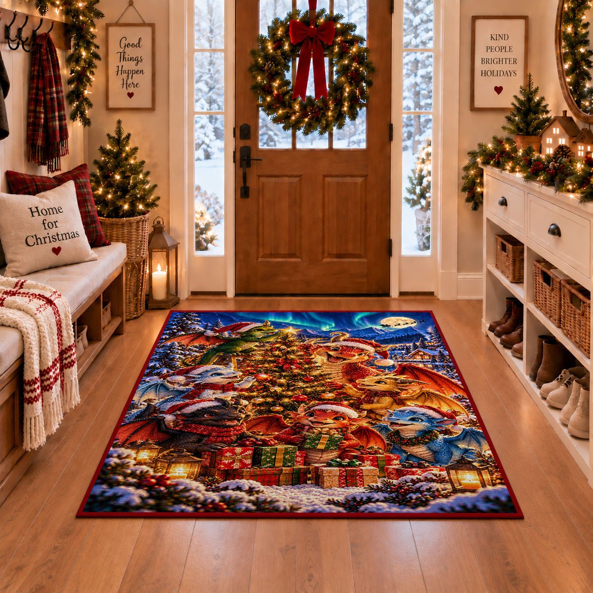 forest animals gathered beneath a lit tree with gifts area rug, holiday room view 1