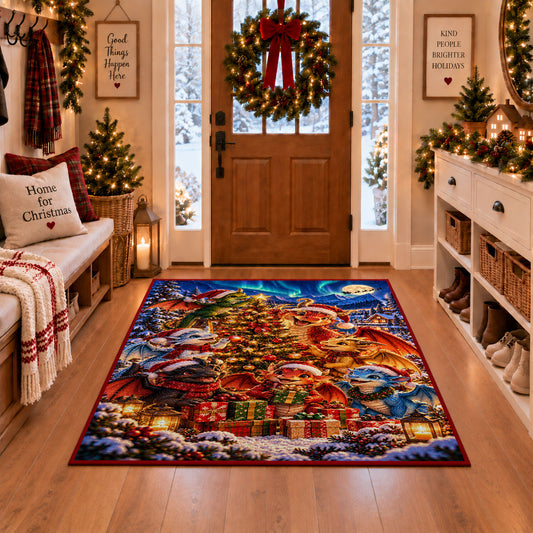 forest animals gathered beneath a lit tree with gifts area rug, holiday room view 1