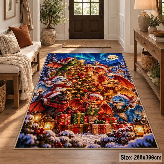 forest animals gathered beneath a lit tree with gifts area rug, holiday room view 2