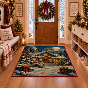 snow-covered log cabin with glowing windows under a full moon area rug, holiday room view 1