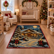 snow-covered log cabin with glowing windows under a full moon area rug, holiday room view 10