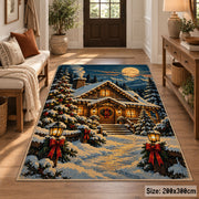 snow-covered log cabin with glowing windows under a full moon area rug, holiday room view 2