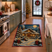 snow-covered log cabin with glowing windows under a full moon area rug, holiday room view 3