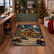 snow-covered log cabin with glowing windows under a full moon area rug, holiday room view 4