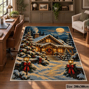 snow-covered log cabin with glowing windows under a full moon area rug, holiday room view 5