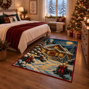 snow-covered log cabin with glowing windows under a full moon area rug, holiday room view 6