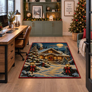 snow-covered log cabin with glowing windows under a full moon area rug, holiday room view 7