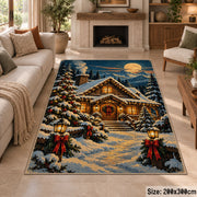 snow-covered log cabin with glowing windows under a full moon area rug, holiday room view 8