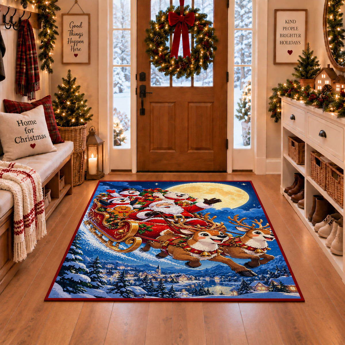 Santa sleigh and reindeer flying over moonlit snowy village area rug, holiday room view 1