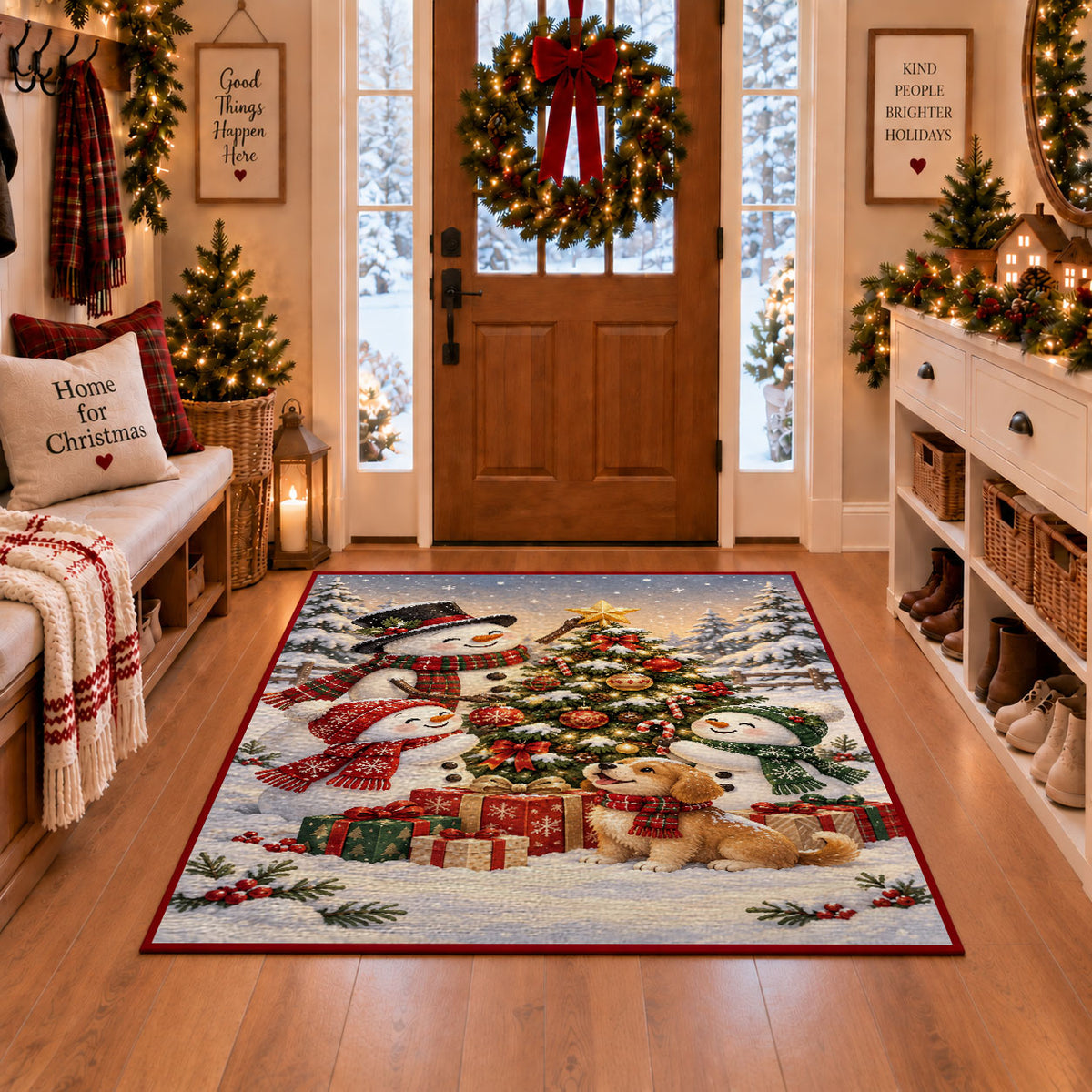 snowman, puppy and gifts around an outdoor Christmas tree area rug, holiday room view 1