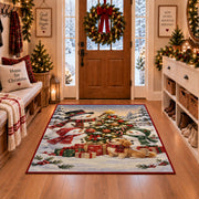 snowman, puppy and gifts around an outdoor Christmas tree area rug, holiday room view 1