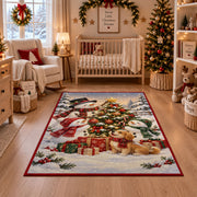 snowman, puppy and gifts around an outdoor Christmas tree area rug, holiday room view 10