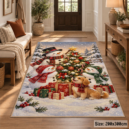 snowman, puppy and gifts around an outdoor Christmas tree area rug, holiday room view 2