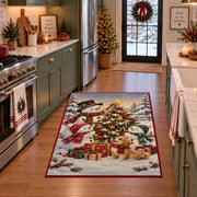 snowman, puppy and gifts around an outdoor Christmas tree area rug, holiday room view 3