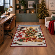 snowman, puppy and gifts around an outdoor Christmas tree area rug, holiday room view 4