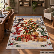 snowman, puppy and gifts around an outdoor Christmas tree area rug, holiday room view 5