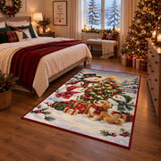 snowman, puppy and gifts around an outdoor Christmas tree area rug, holiday room view 6
