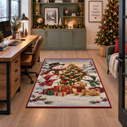 snowman, puppy and gifts around an outdoor Christmas tree area rug, holiday room view 7