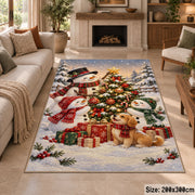 snowman, puppy and gifts around an outdoor Christmas tree area rug, holiday room view 8