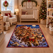 reindeer family running through a snowy village at night area rug, holiday room view 10