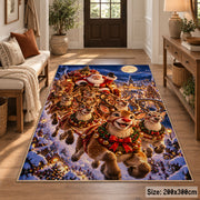 reindeer family running through a snowy village at night area rug, holiday room view 2