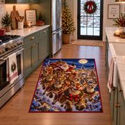 reindeer family running through a snowy village at night area rug, holiday room view 3