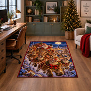 reindeer family running through a snowy village at night area rug, holiday room view 4