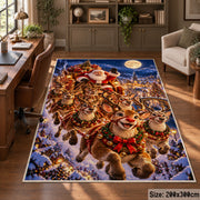 reindeer family running through a snowy village at night area rug, holiday room view 5
