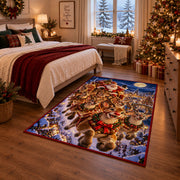 reindeer family running through a snowy village at night area rug, holiday room view 6
