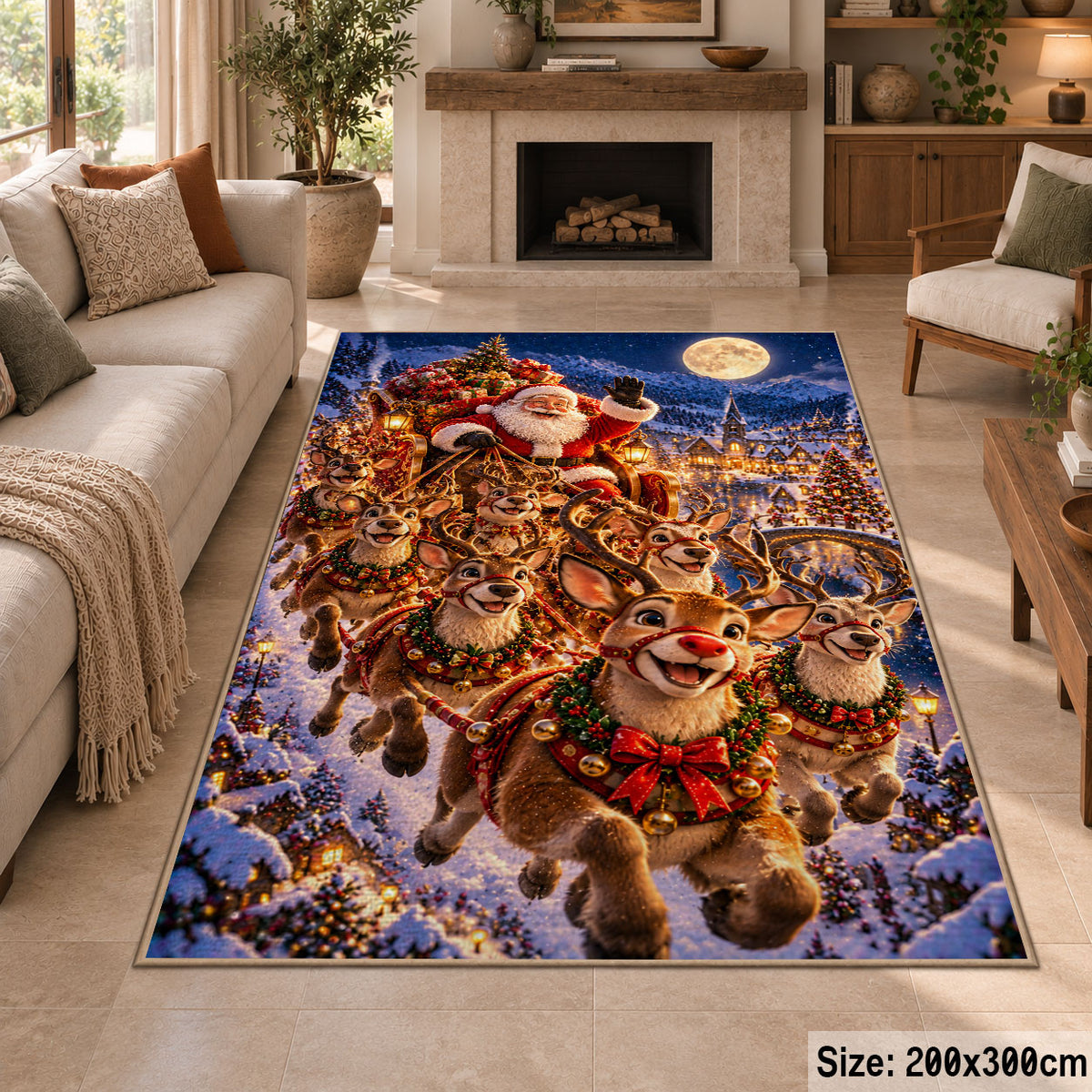 reindeer family running through a snowy village at night area rug, holiday room view 8
