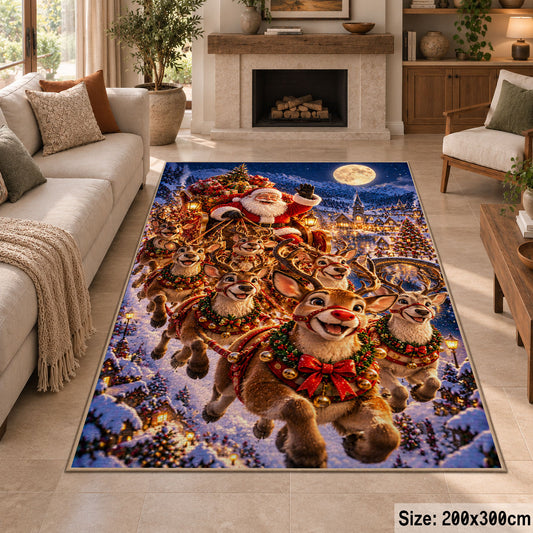 reindeer family running through a snowy village at night area rug, holiday room view 8