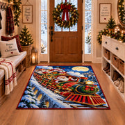 red holiday steam train carrying Santa through a snowy valley area rug, holiday room view 1