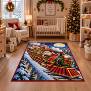 red holiday steam train carrying Santa through a snowy valley area rug, holiday room view 10