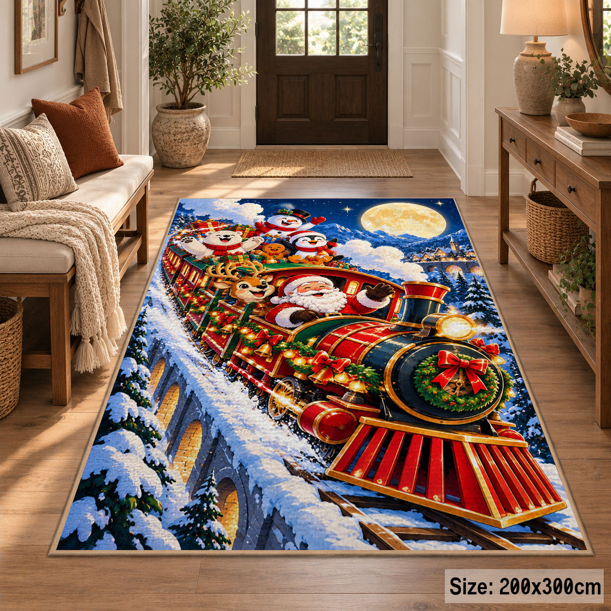 red holiday steam train carrying Santa through a snowy valley area rug, holiday room view 2
