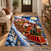 red holiday steam train carrying Santa through a snowy valley area rug, holiday room view 2