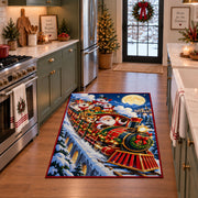 red holiday steam train carrying Santa through a snowy valley area rug, holiday room view 3