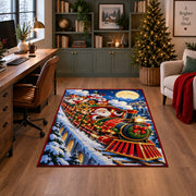 red holiday steam train carrying Santa through a snowy valley area rug, holiday room view 4