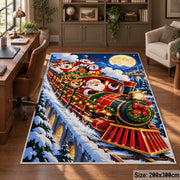 red holiday steam train carrying Santa through a snowy valley area rug, holiday room view 5